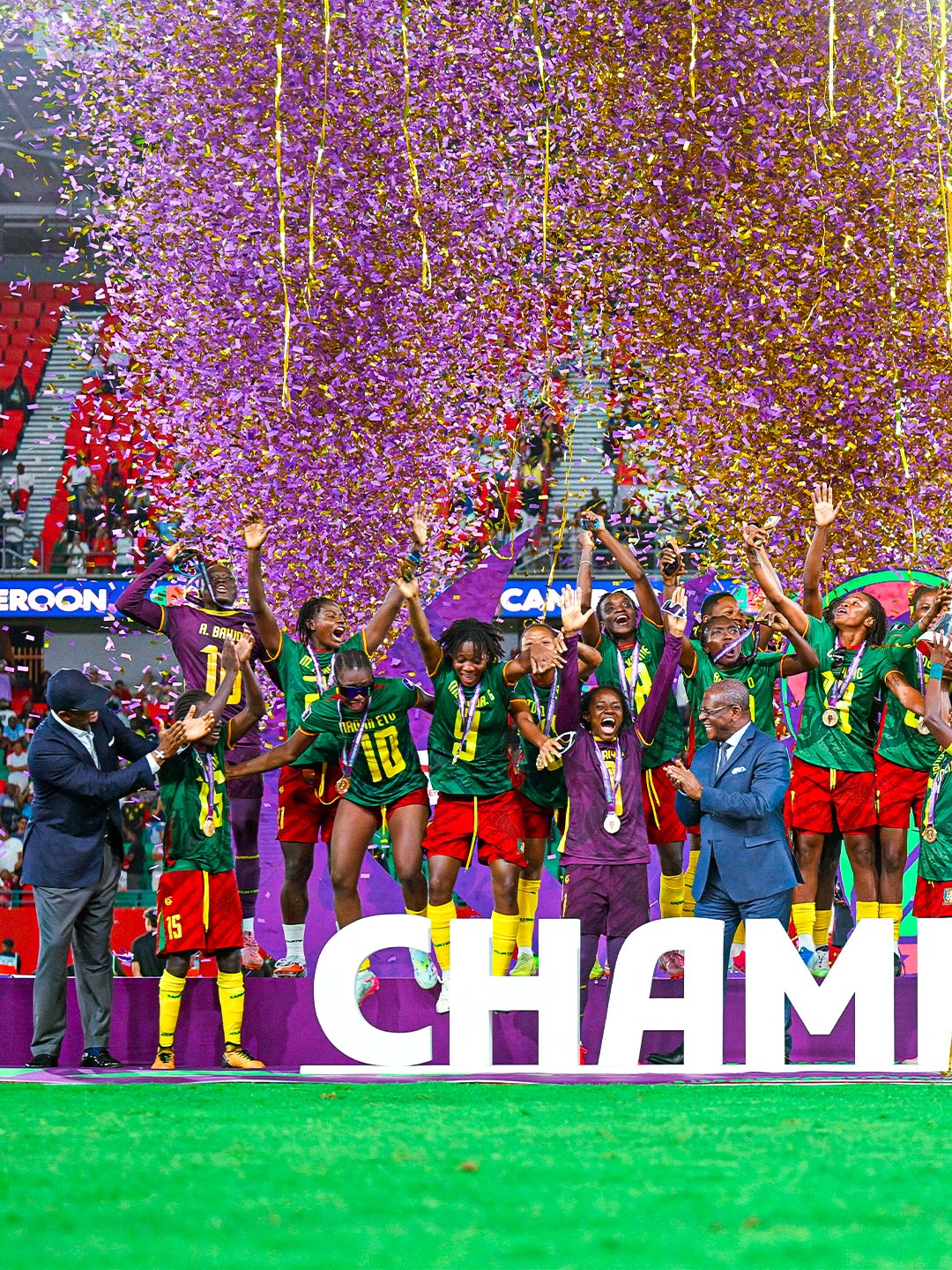 Cameroon women's team celebrating their WAFCON champions victory with the trophy in Rabat