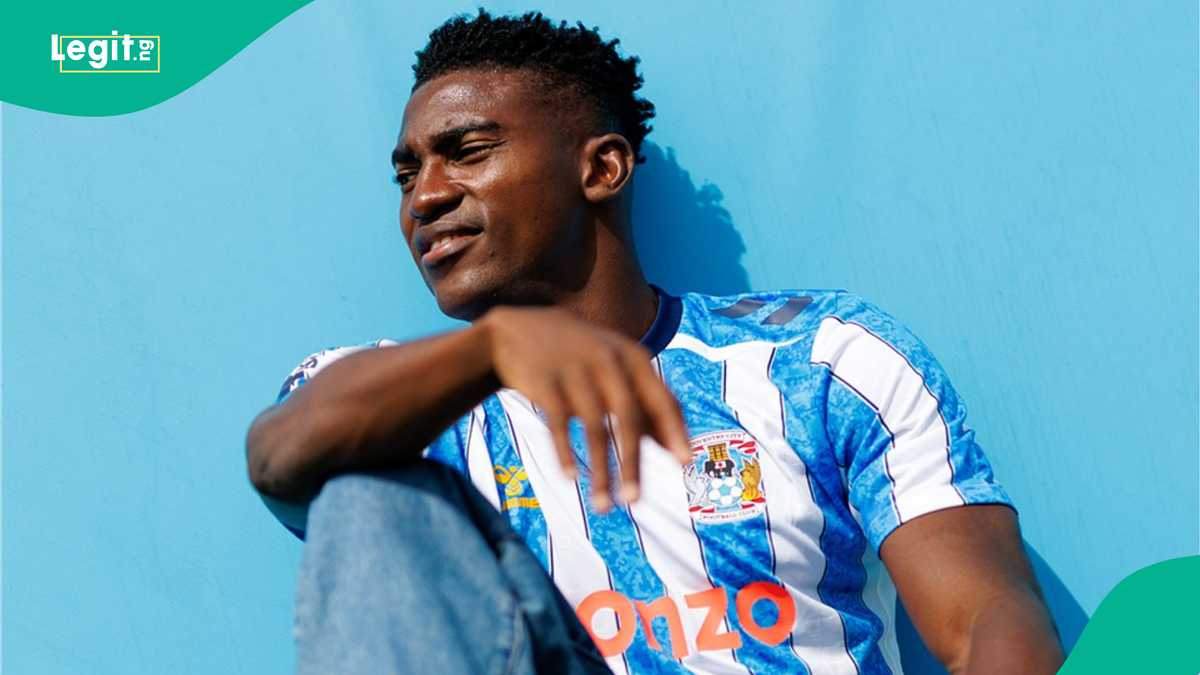 Taiwo Awoniyi in Coventry City kit during his first interview after joining the club