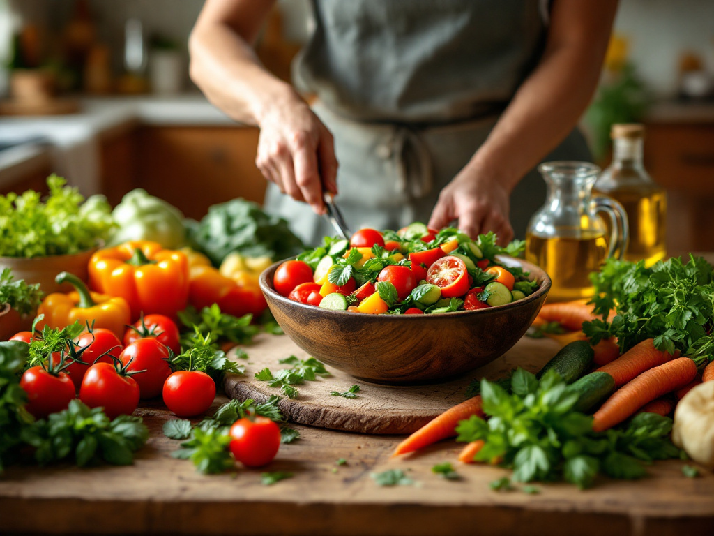 A person preparing a fresh salad bowl, illustrating healthy living and nutritious food choices