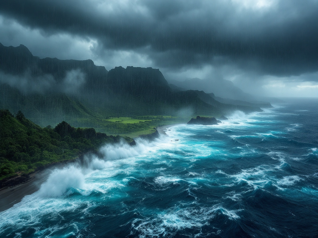 Aerial view of tropical storm Lala bringing heavy rain and wind to Hawaii