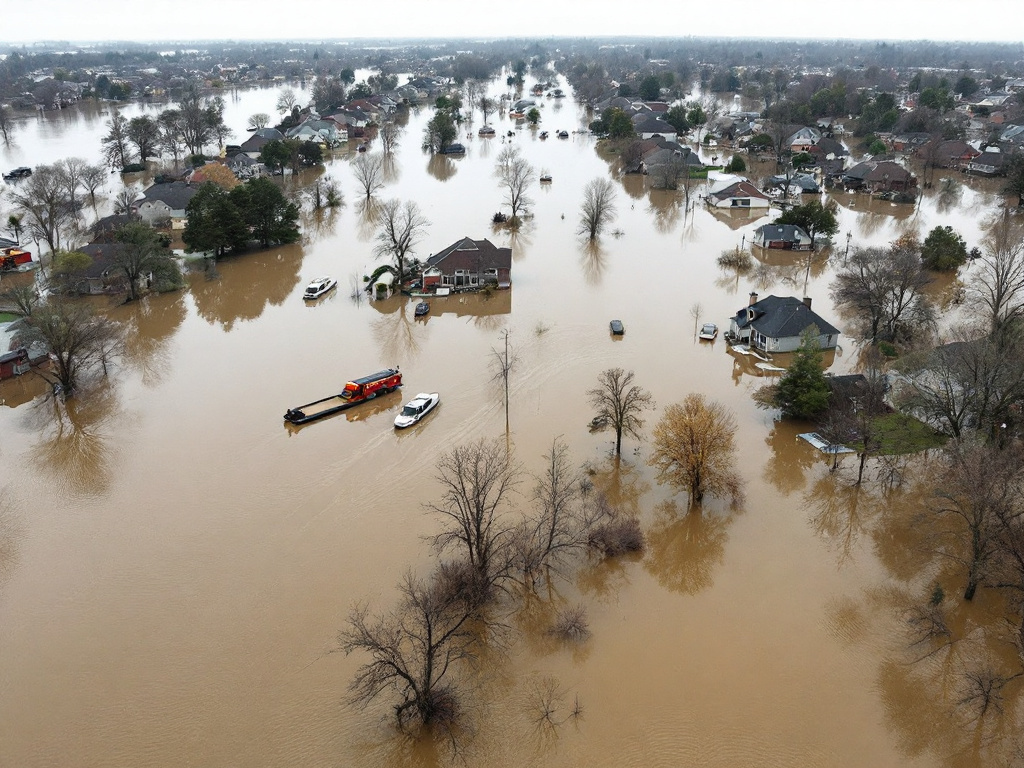 Aerial view of Indiana flooding after heavy rain, showing submerged homes and emergency response efforts