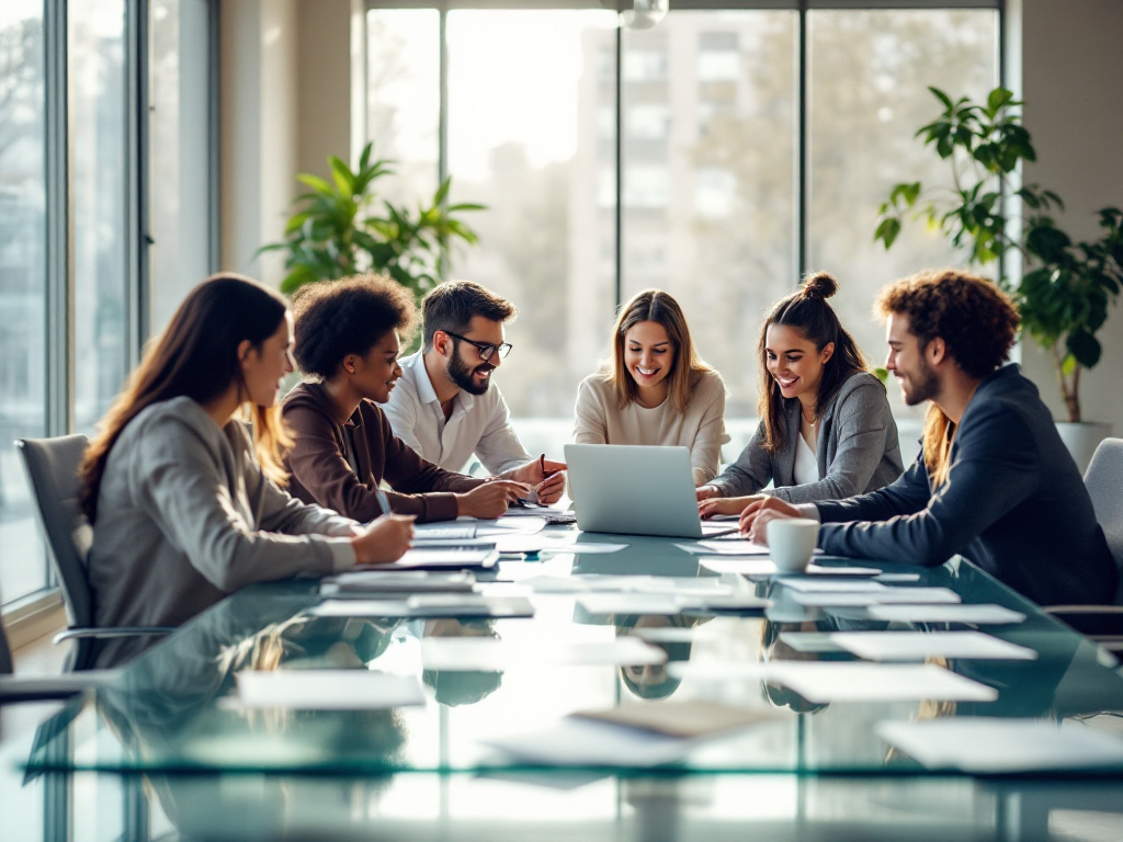 A diverse group of professionals collaborating in a modern office, representing career paths and workplace success.