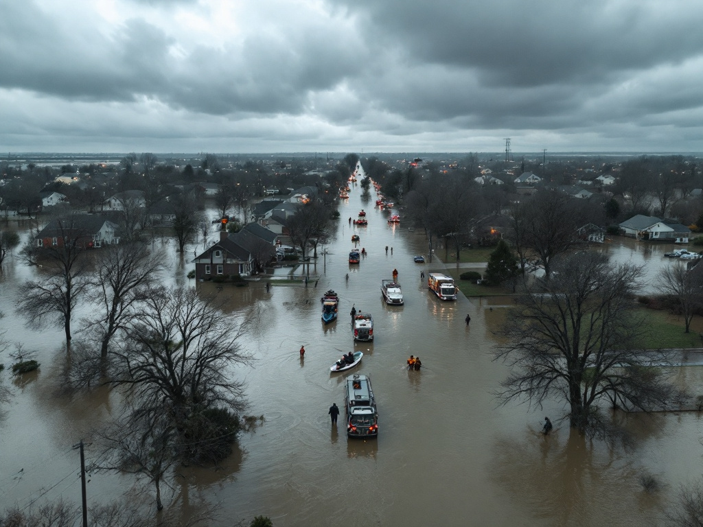 Aerial view of Indiana flooding affecting homes and streets