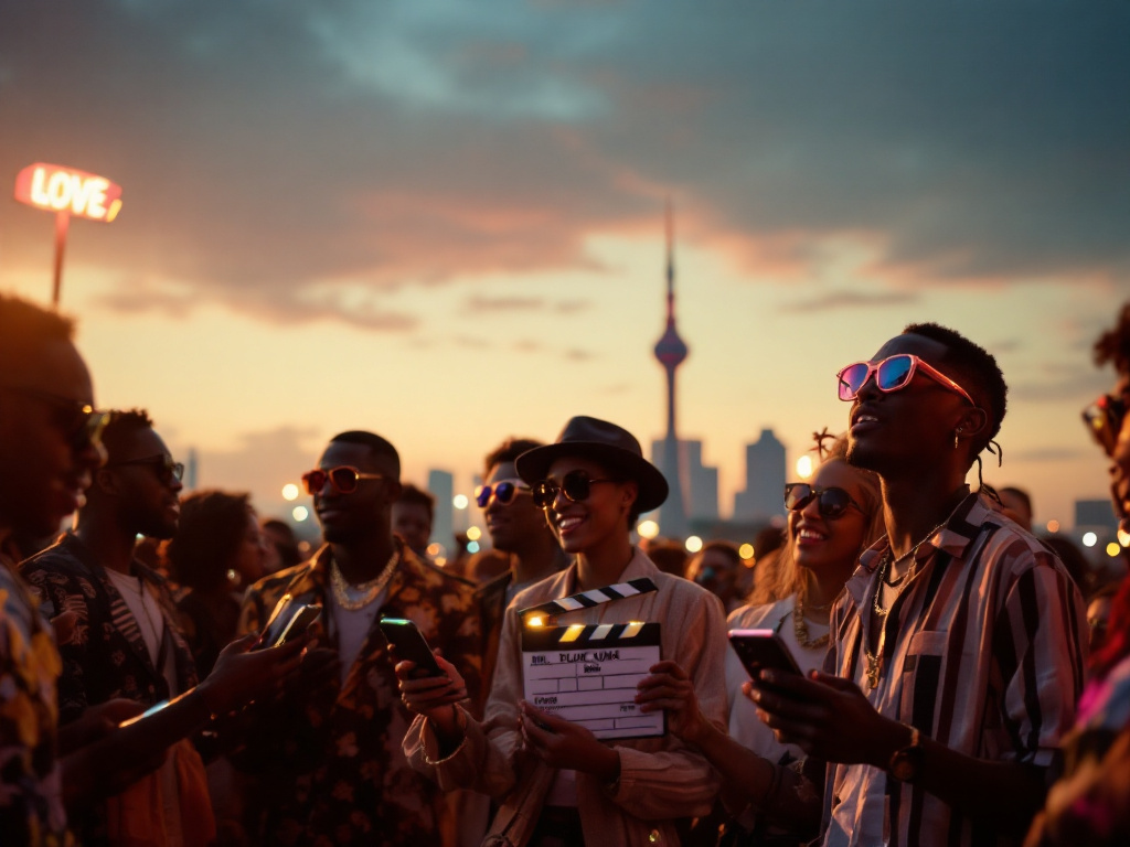 Colorful scene of Nigerian entertainment news coverage with crowd and city backdrop