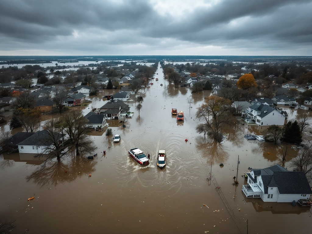 Aerial view of Indiana flooding with damaged homes and emergency response teams