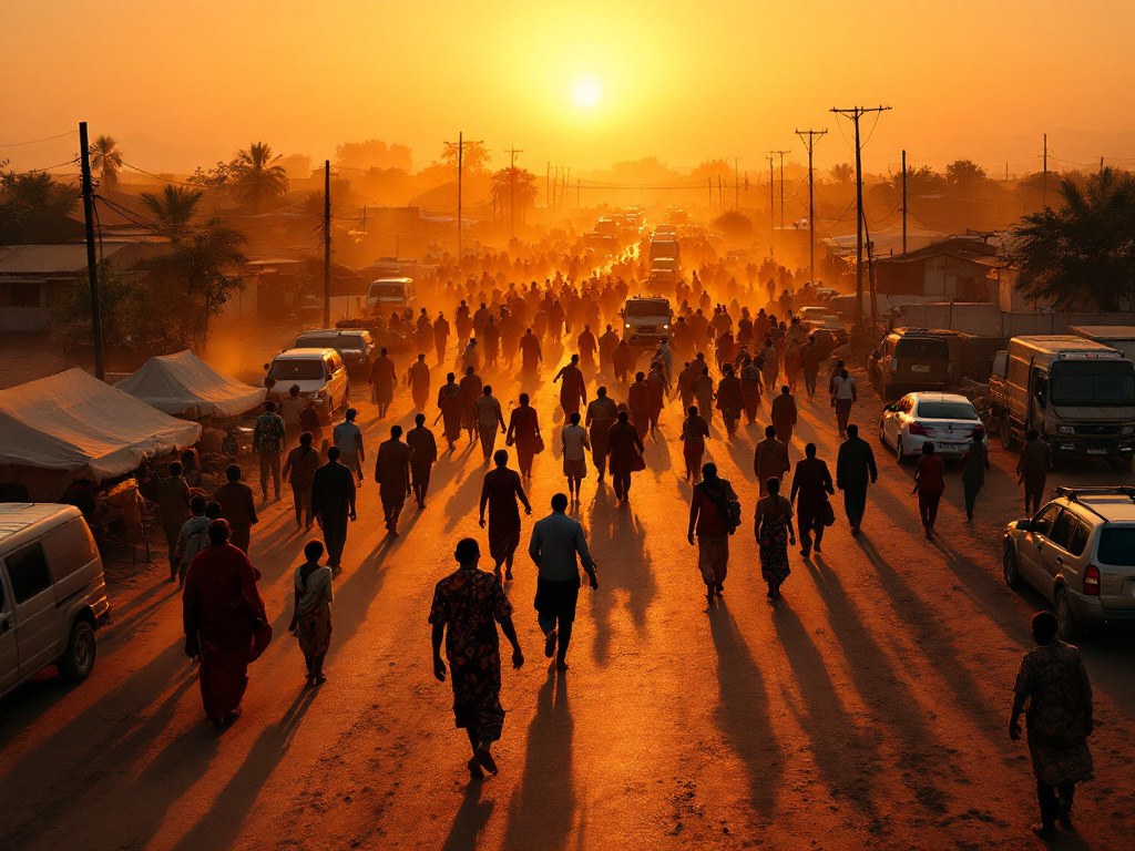 A border spectacle at an African crossing point with people and vehicles