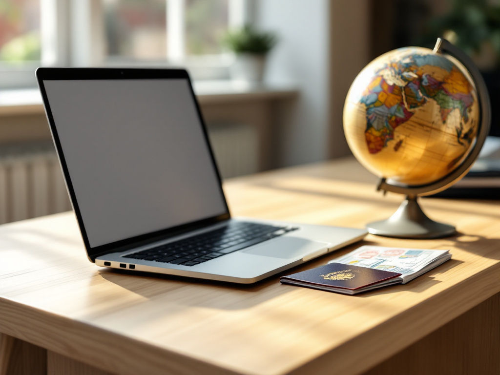 A professional workspace showing visa sponsorship documents and a globe symbolizing international employment