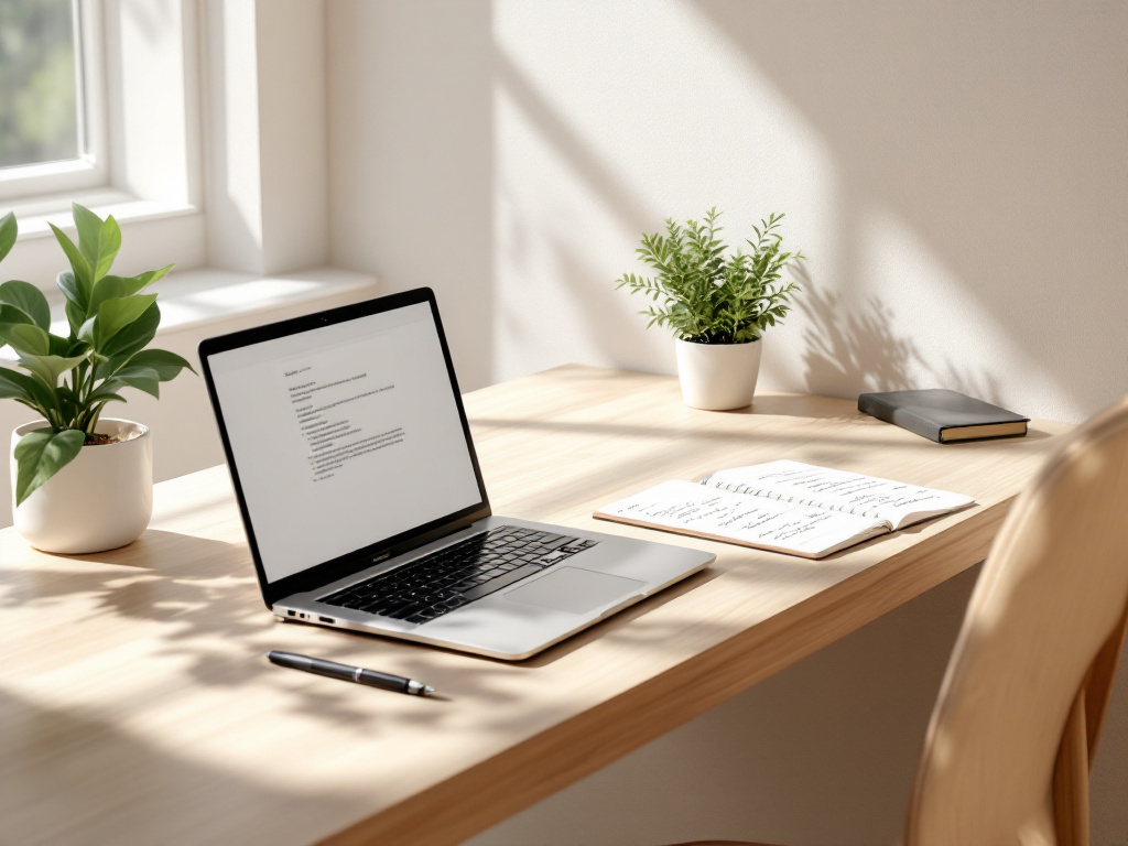 A well-organized desk with a laptop and notebook representing personal finance management