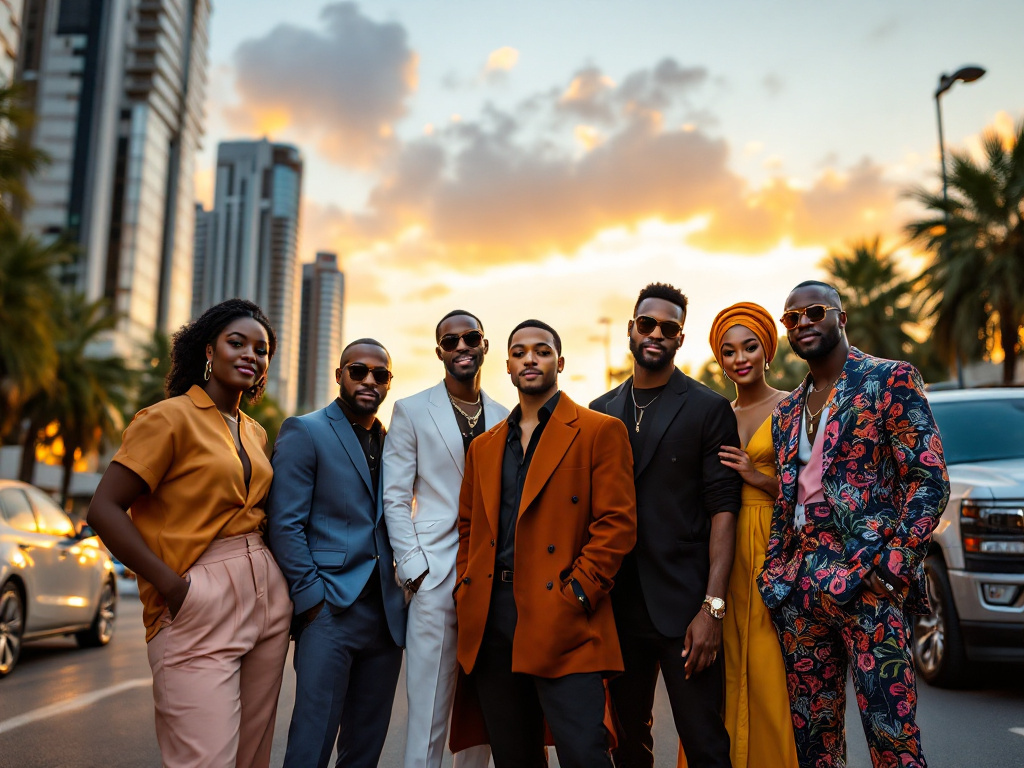 Group of stylish Nigerian celebrities in Lagos setting representing top Nigerian celebrities
