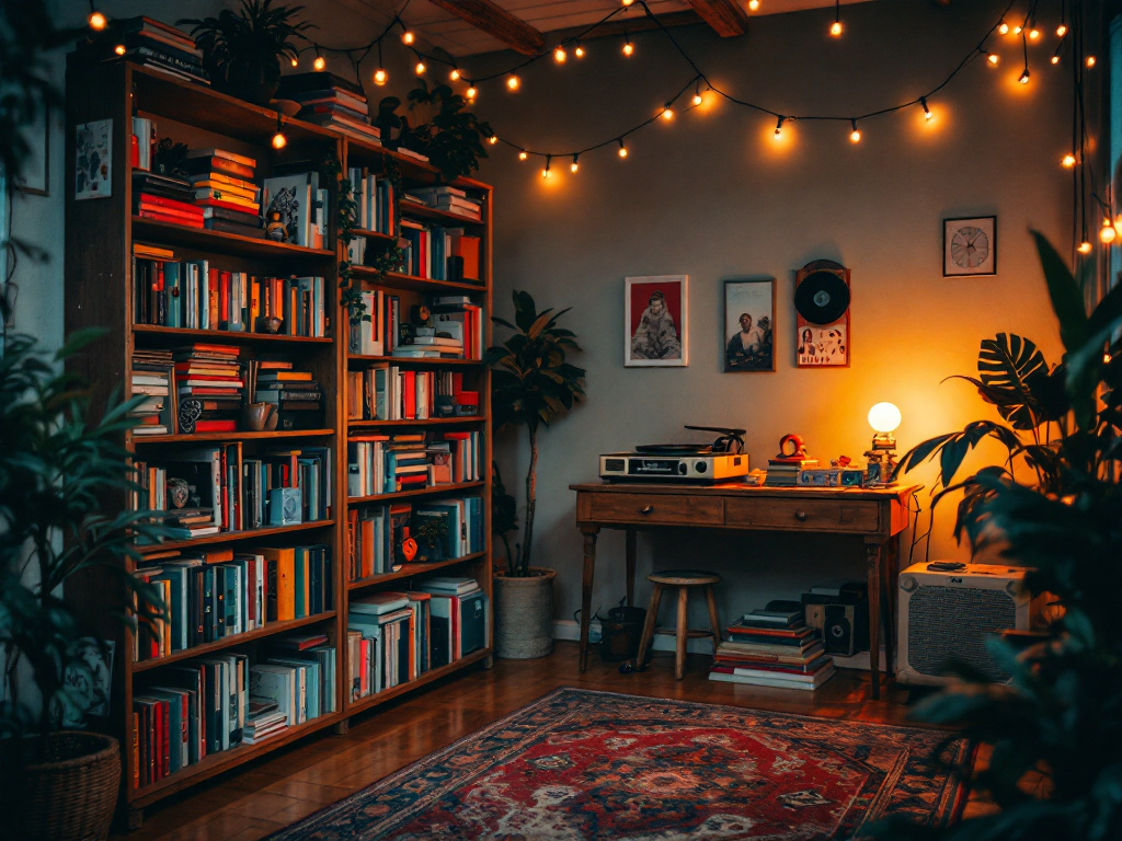 Cozy living room with entertainment options like books, games, and music