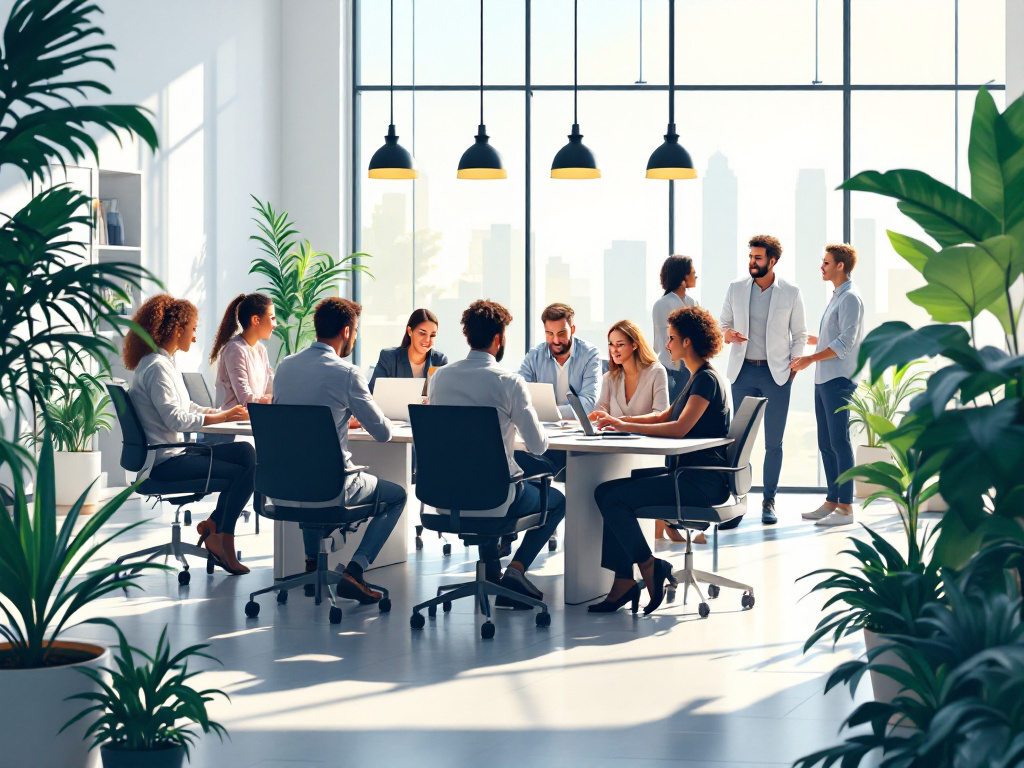 A diverse team of professionals collaborating in a modern office environment, symbolizing career growth and teamwork.