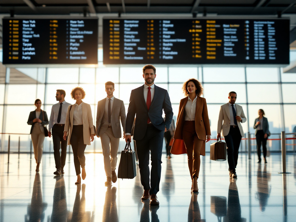 Diverse professionals walking through an airport terminal with global destination boards in the background
