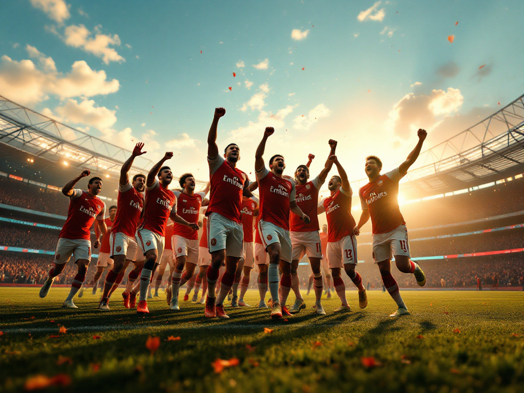 Arsenal players in celebration on the Wembley pitch after winning the Community Shield, with the stadium and sky in the background