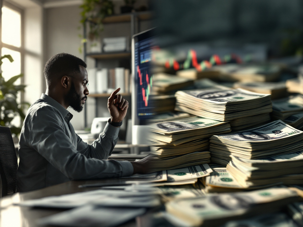 Split-screen showing a Nigerian trader analyzing volatile forex charts alongside a mix of naira and dollar bills, symbolizing the surge in FX Forwards and FX Spot decline.