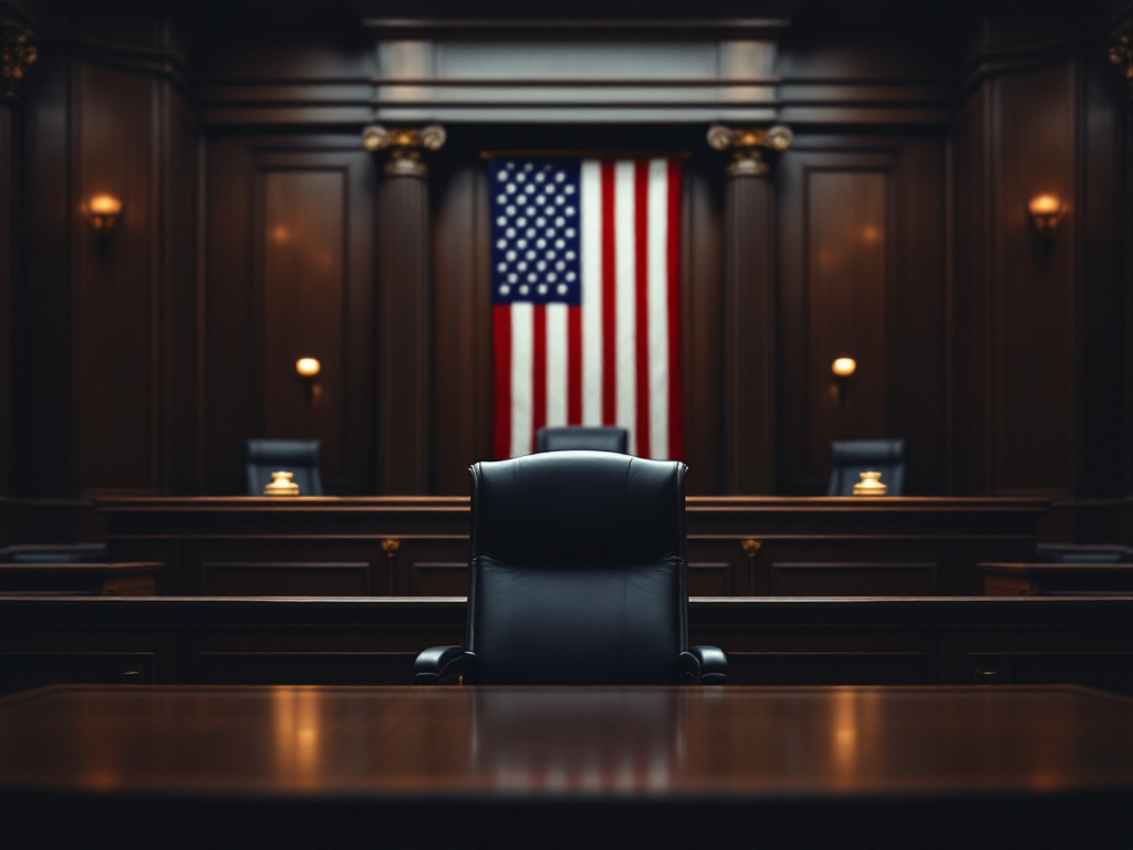 A courtroom scene with a judge's bench and the American flag in the background, symbolizing legal proceedings and constitutional rights.