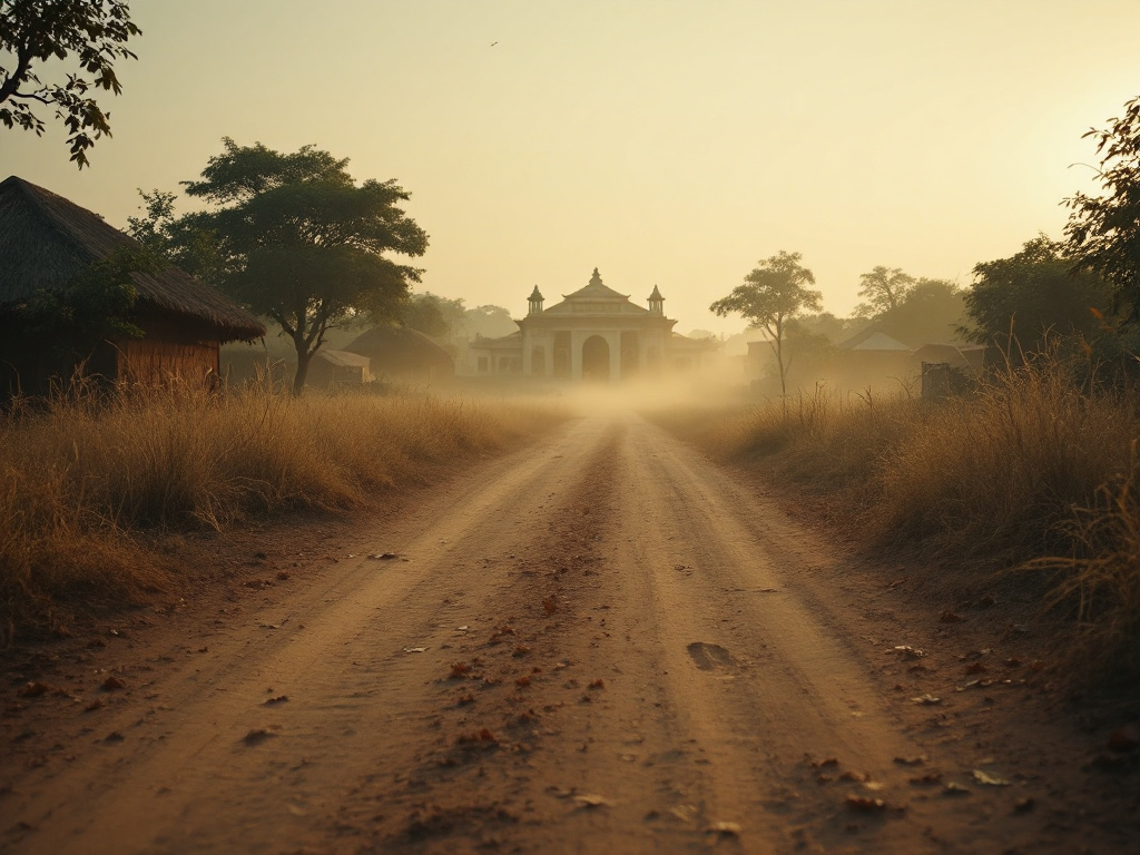 A serene rural village scene in Kwara State, Nigeria, symbolizing the peaceful resolution of a kidnapping incident involving a traditional ruler.
