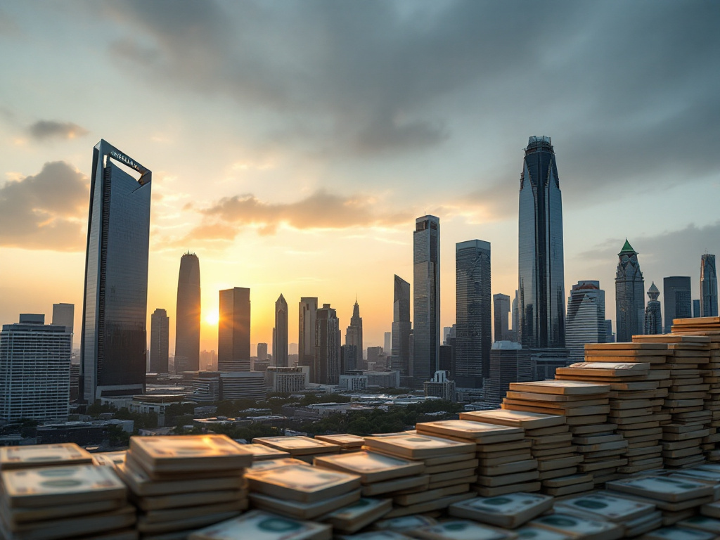 A stylised cityscape at dusk representing Africa’s debt burden, with symbolic imagery of downward-trending financial elements in the foreground.