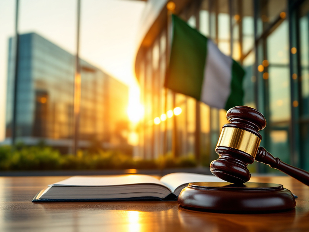 A symbolic representation of Nigeria's federal governance, featuring a government building with the Nigerian flag and a desk with a gavel and ledger, illustrating the swearing-in of the new Head of the Civil Service.