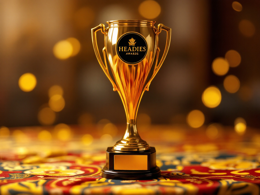 Golden Headies trophy on a wooden table with African fabric backdrop, representing the 2026 Headies Awards nominations.