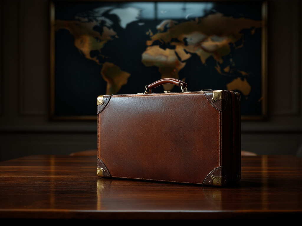 A diplomatic briefcase on a table with a world map reflecting in the background, symbolizing international talks and geopolitics.