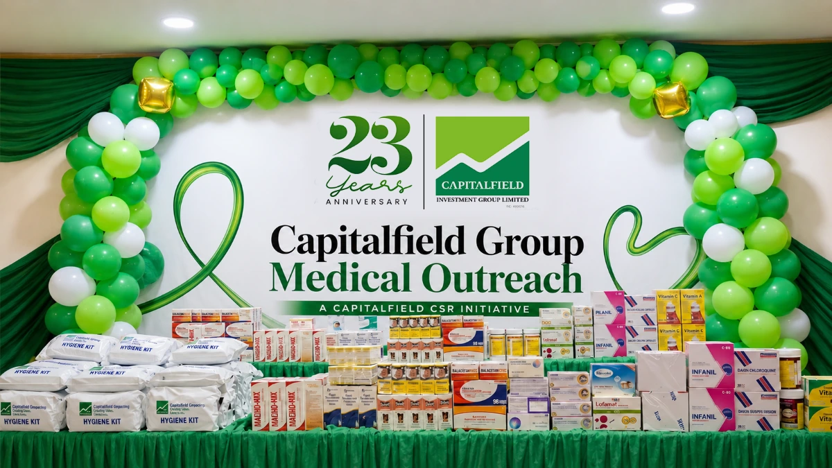 A community medical outreach in Yaba, Lagos, where healthcare professionals provide free screenings under a branded tent during Capitalfield Investment Group’s anniversary celebration.