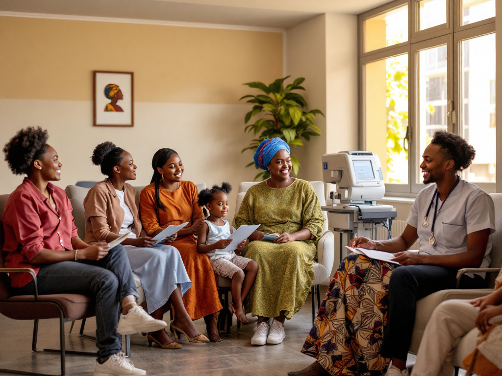 Nigerian clinic waiting room in 2026 showing patients seated and a nurse attending to one person, reflecting a supportive healthcare environment