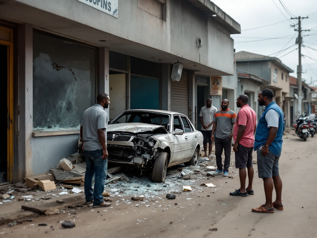 A damaged shop front in Ekpoma with a car rammed into it, surrounded by concerned onlookers.