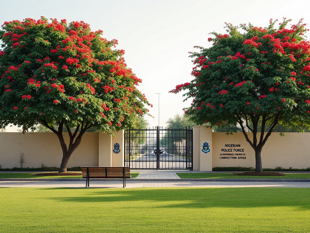 Wide-angle view of the Nigerian Police Force headquarters gate on Constitution Avenue, Abuja, with green flame trees and a quiet lawn.