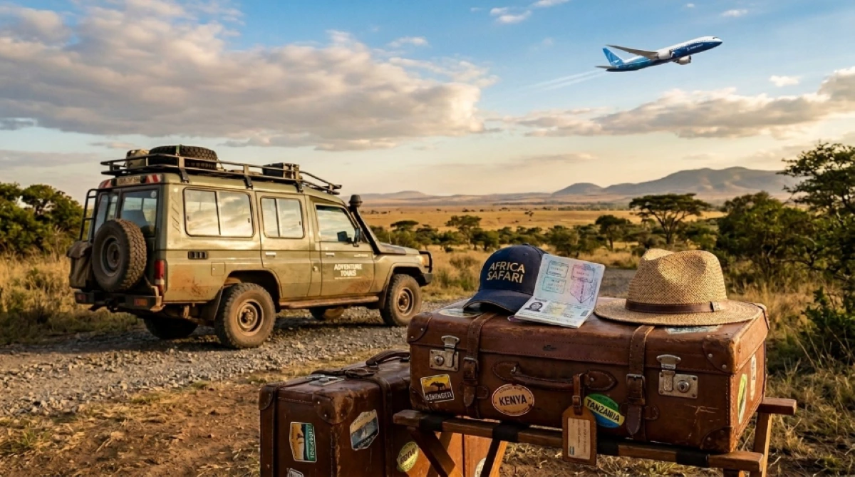 A breathtaking sunrise over the Maasai Mara savanna, with wildebeest grazing in the golden grass and a safari vehicle exploring the vast landscape.