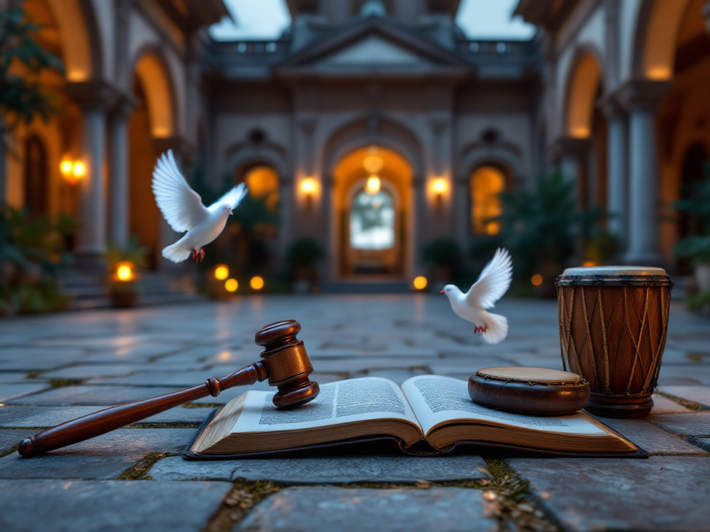 A symbolic representation of traditional governance and dialogue, featuring a wooden gavel, an open book, and a white dove, set against a Nigerian palace courtyard at dusk.