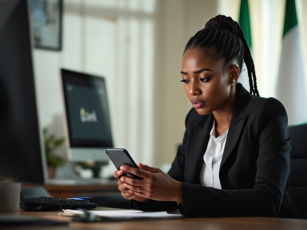 A concerned woman reviewing her bank account on a smartphone in a Lagos office setting