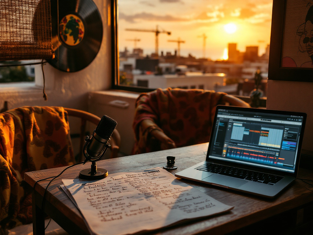 A Lagos rooftop studio bathed in golden light, symbolizing creative freedom and the enduring legacy of Afrobeats artist Pheelz.