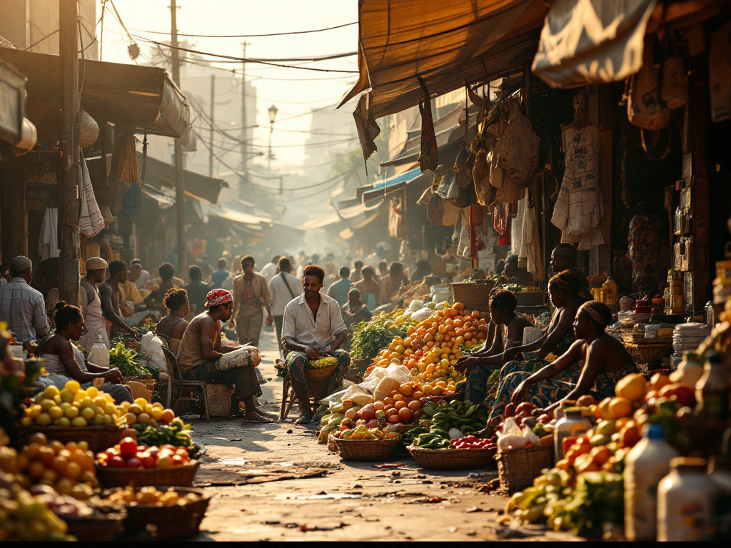A vibrant Lagos street market scene in 2026, reflecting the realities of Nigeria's cost-of-living crisis and the need for economic solutions.