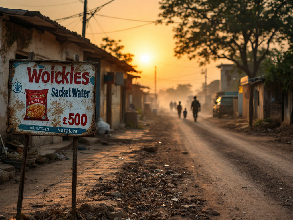 A rural northern Nigerian village scene with a ₦500 note and instant noodles symbolizing poverty and failed welfare policies in 2026