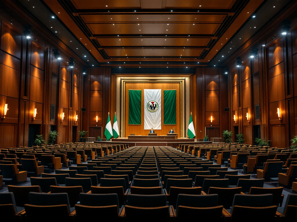 A dignified Nigerian conference hall with warm lighting and empty seats, symbolising the atmosphere of the NBA conference where the Sowore-Amaechi clash occurred.