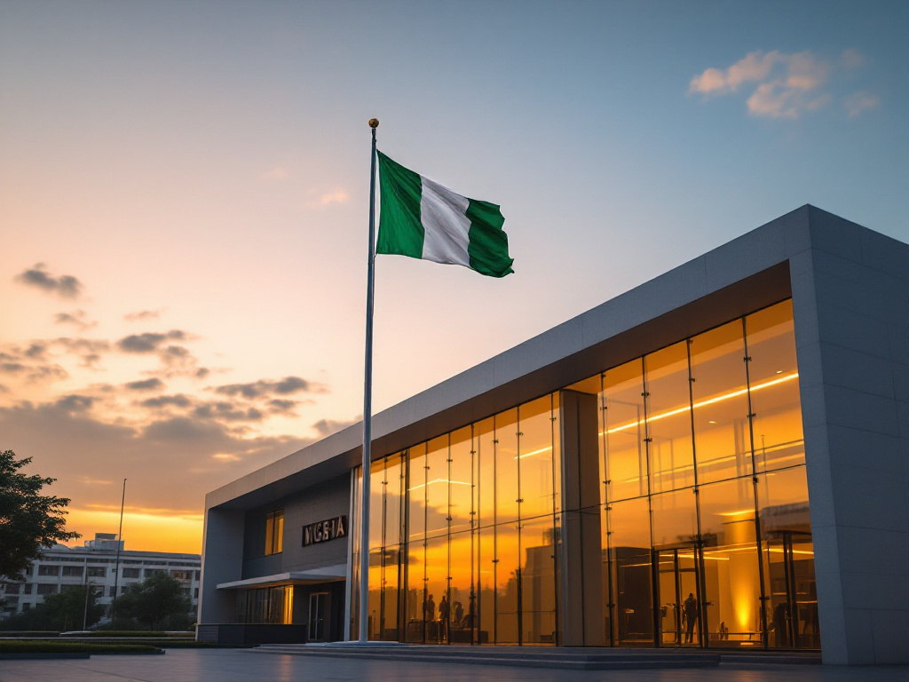 A government building at dusk with a Nigerian flag, symbolizing national governance and political processes.