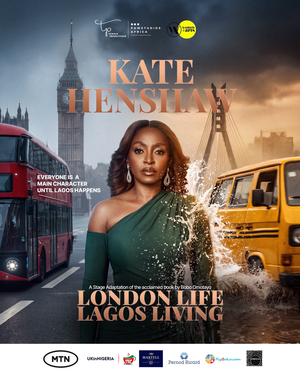 A stage set design for the London Life Lagos Living play, blending Nigerian and British cultural elements in a warm, inviting atmosphere.