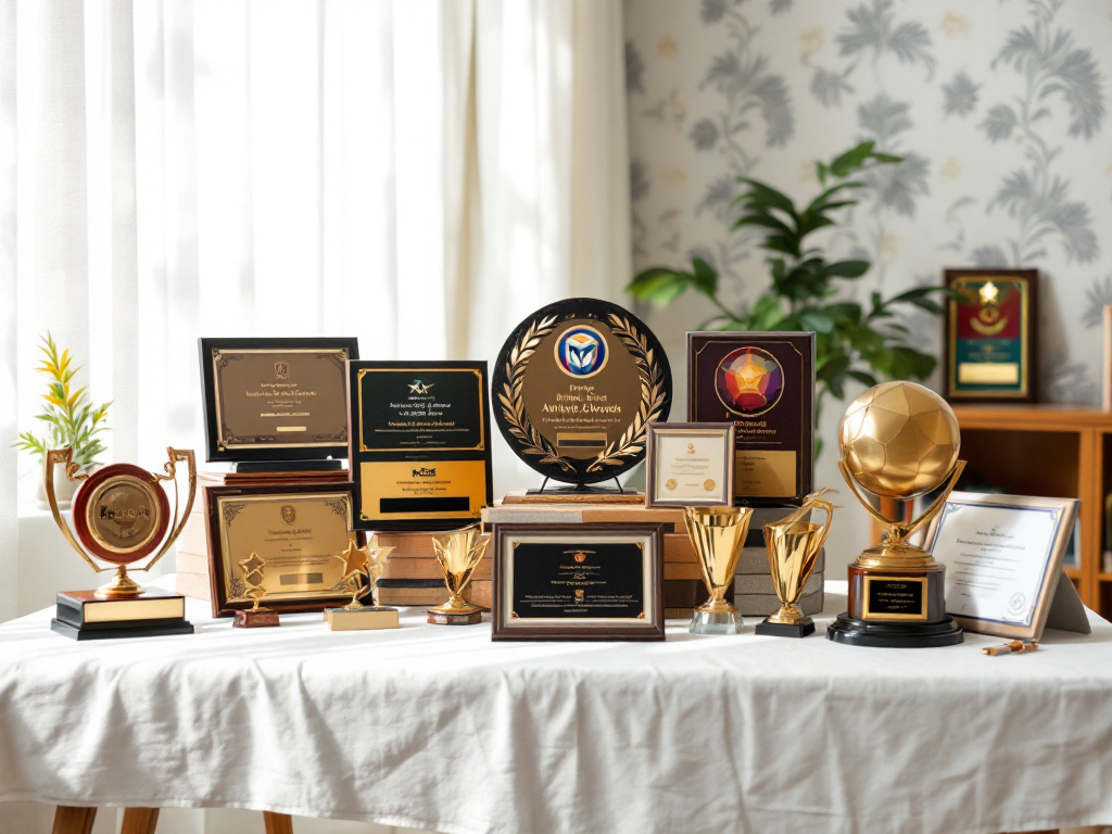 A collection of academic awards and trophies displayed on a table, symbolizing excellence in higher education.