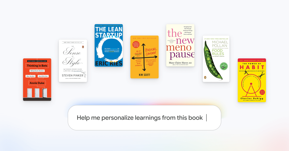 A laptop screen showing an open e-book with interactive AI-generated notes and infographics floating above the keyboard.