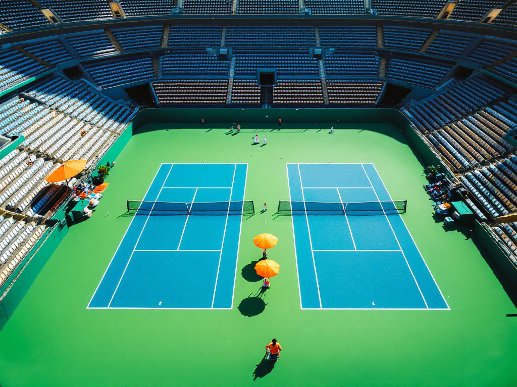 Empty US Open tennis stadium with blue courts under bright daylight