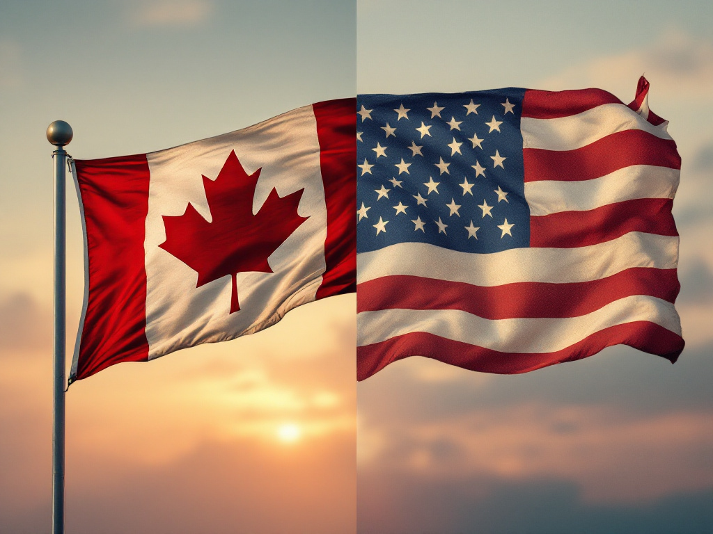 Split image of Canadian and American flags fluttering in the wind, symbolizing trade tensions between the two nations.