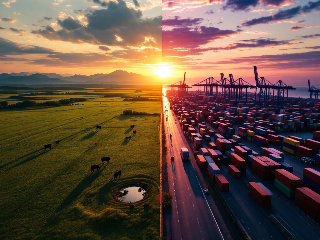 Split image showing a US cattle ranch on the left and a busy international port on the right, illustrating the connection between domestic beef production and global trade.
