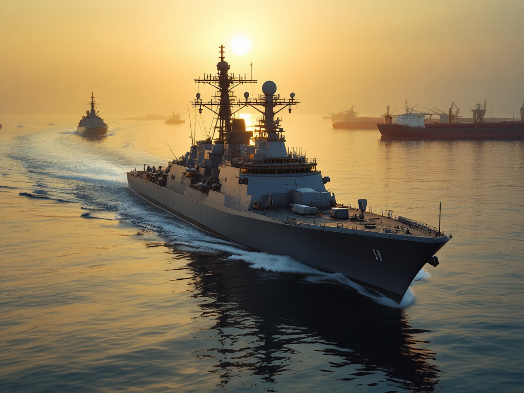 A naval vessel patrols the Strait of Hormuz at dawn, with oil tankers in the background, highlighting the strategic and geopolitical significance of the region in 2026.