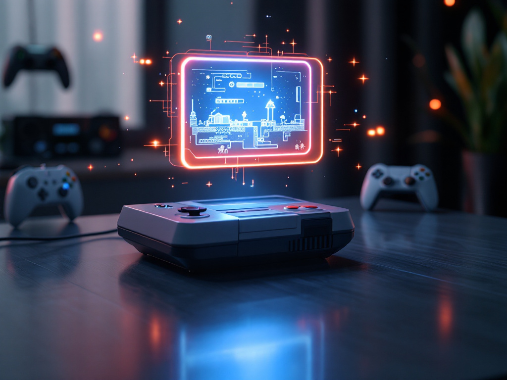 A futuristic gaming setup with a monitor displaying AI-upscaled game visuals, featuring Skyrim and Cyberpunk 2077 scenes with neural network overlays.