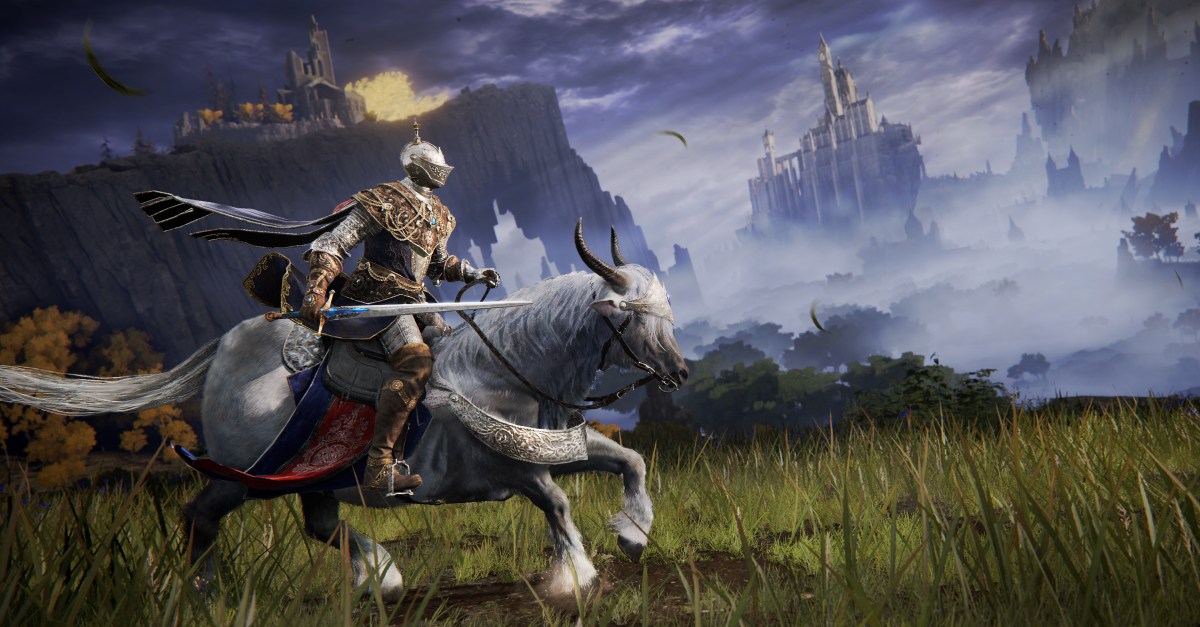 A dark, cinematic scene from Elden Ring on the Switch 2, featuring a Tarnished warrior standing before the Elden Ring symbol at dusk.