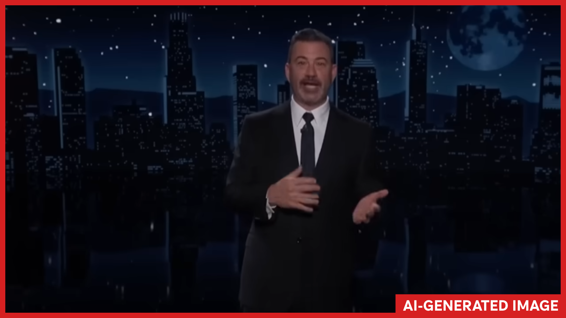 Split-screen showing a realistic late-night host face transitioning into a glitchy AI deepfake version, illustrating the concept of synthetic media manipulation.