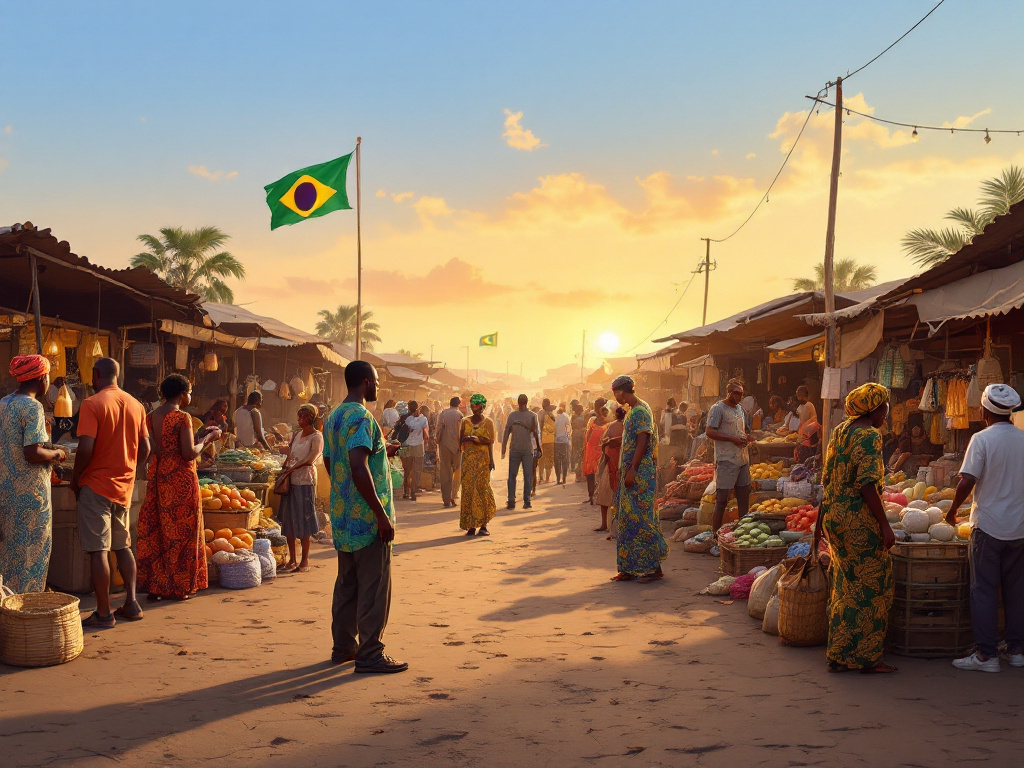 A vibrant West African market scene symbolizing unity and economic exchange, with elements representing ECOWAS and regional cooperation.