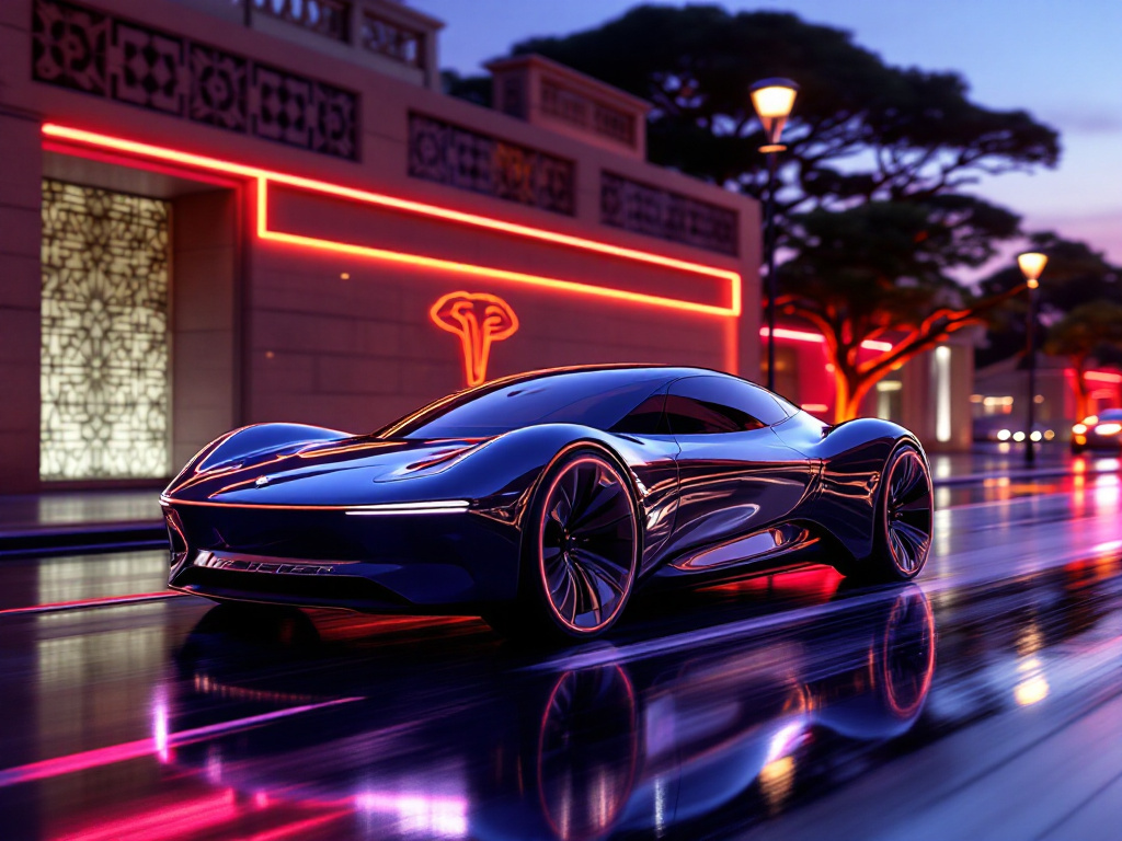 A futuristic autonomous electric vehicle on the streets of London, blending modern mobility with subtle African cultural elements in the background.
