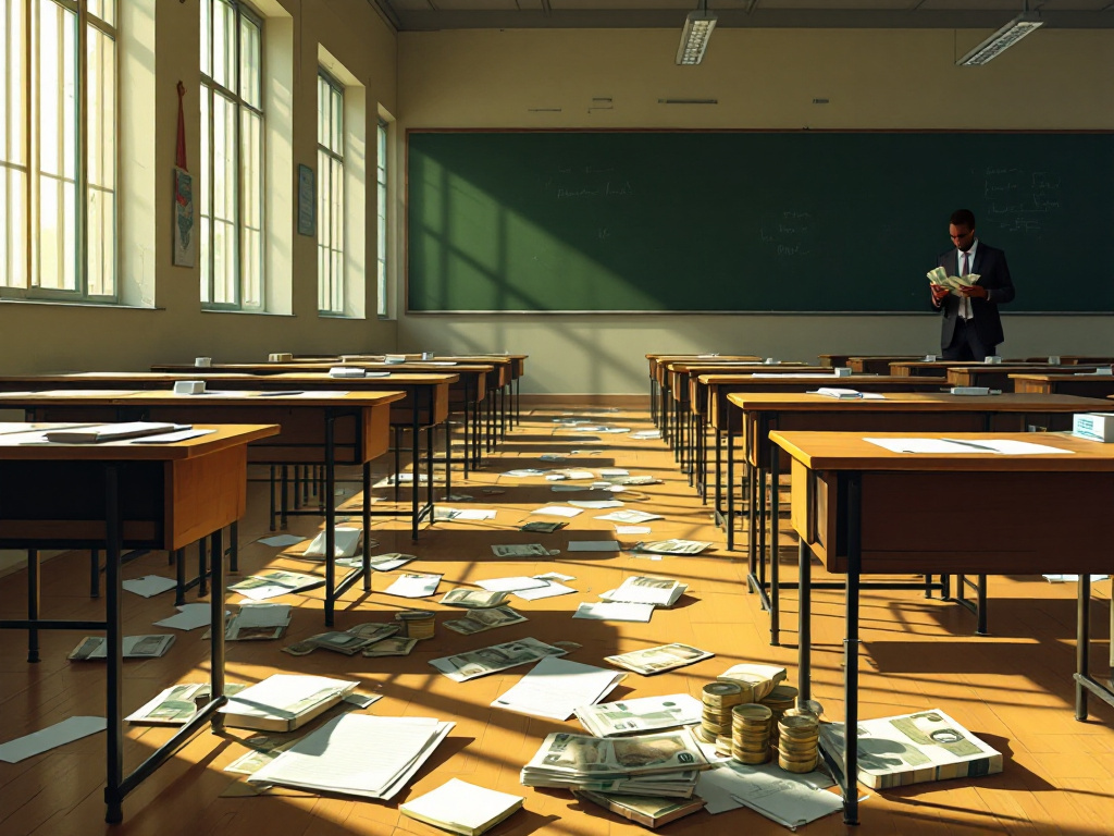 A classroom scene symbolizing exam malpractice with empty desks and shadows, representing the NECO exam leak controversy in 2026.