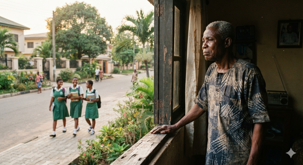 A concerned Nigerian woman sitting thoughtfully on her veranda, reflecting on her family's safety and dignity in her neighbourhood.